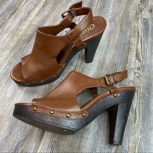 Chaps Sarista Brown Vegan Leather Peep Toe Heels